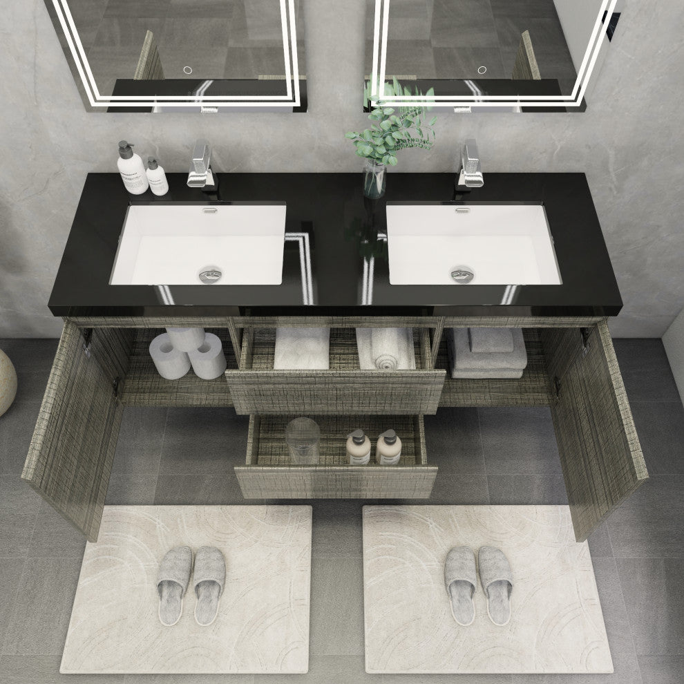 Belli 60" Double Sink Wall Mount Vanity Set, High Gloss Ash Gray, Matt Black Top
