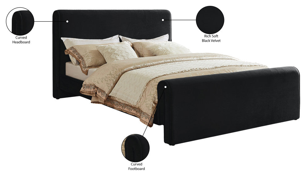 Sloan Black Velvet Full Bed, Black, Queen