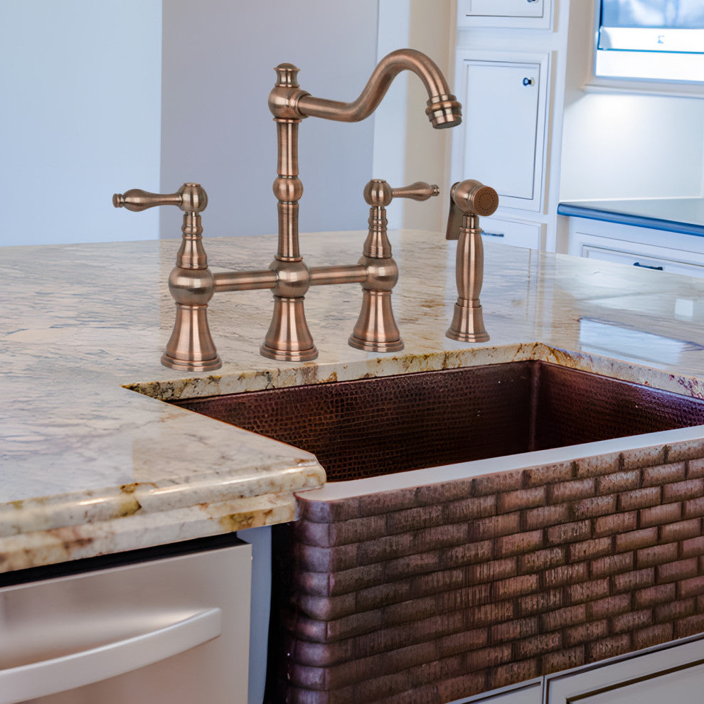 Two-Handles Copper Bridge Kitchen Faucet with Side Sprayer, Antique Copper
