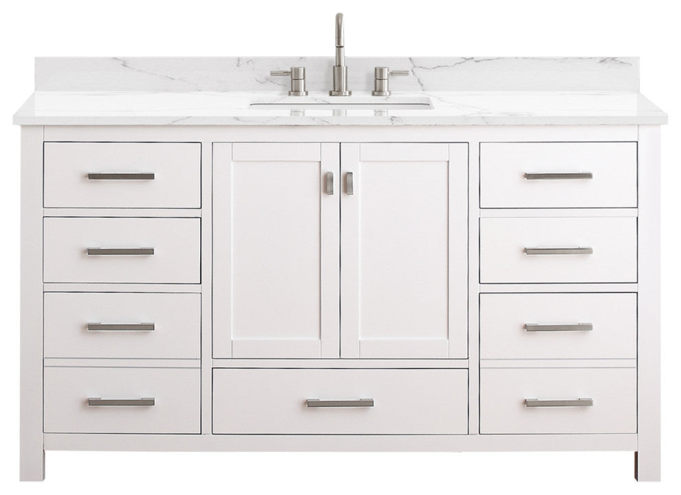 Avanity Modero 60" Single Vanity, White, Cala White Engineered Stone Top
