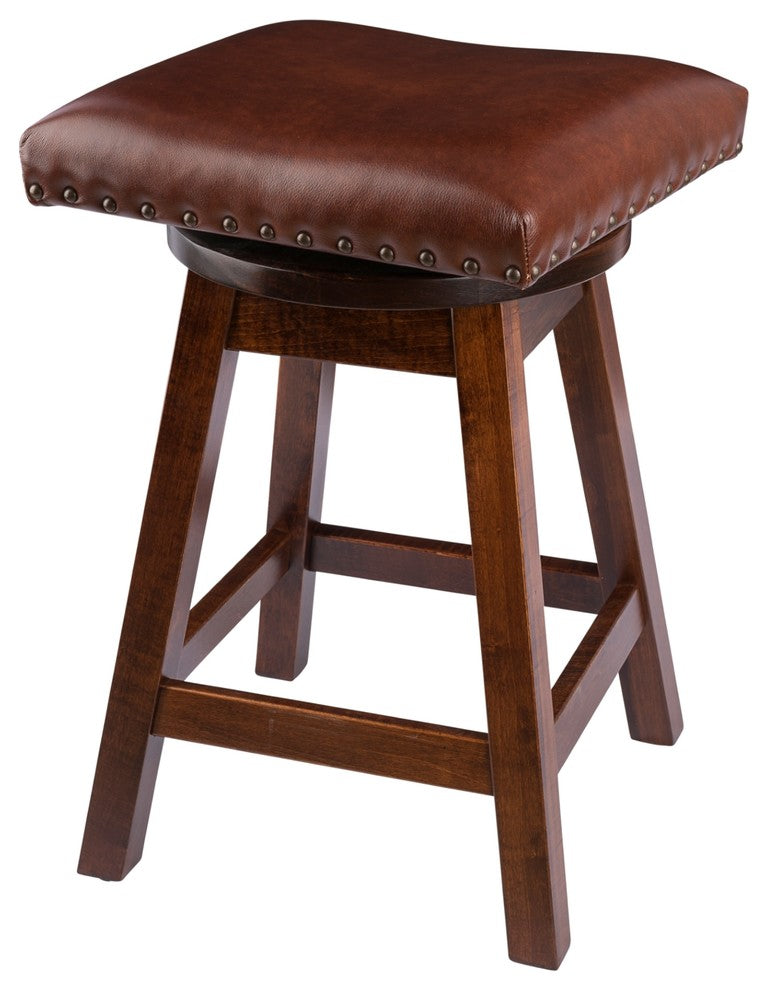 Swivel Bar Stool, Maple Wood With Leather Seat, Rich Tobacco, Bar Height