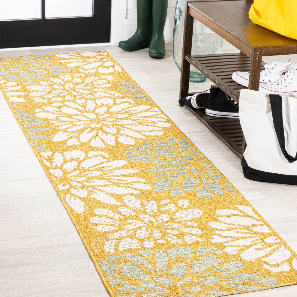 Zinnia Modern Floral Textured Weave Indoor/Outdoor, Yellow/Cream, 2x8