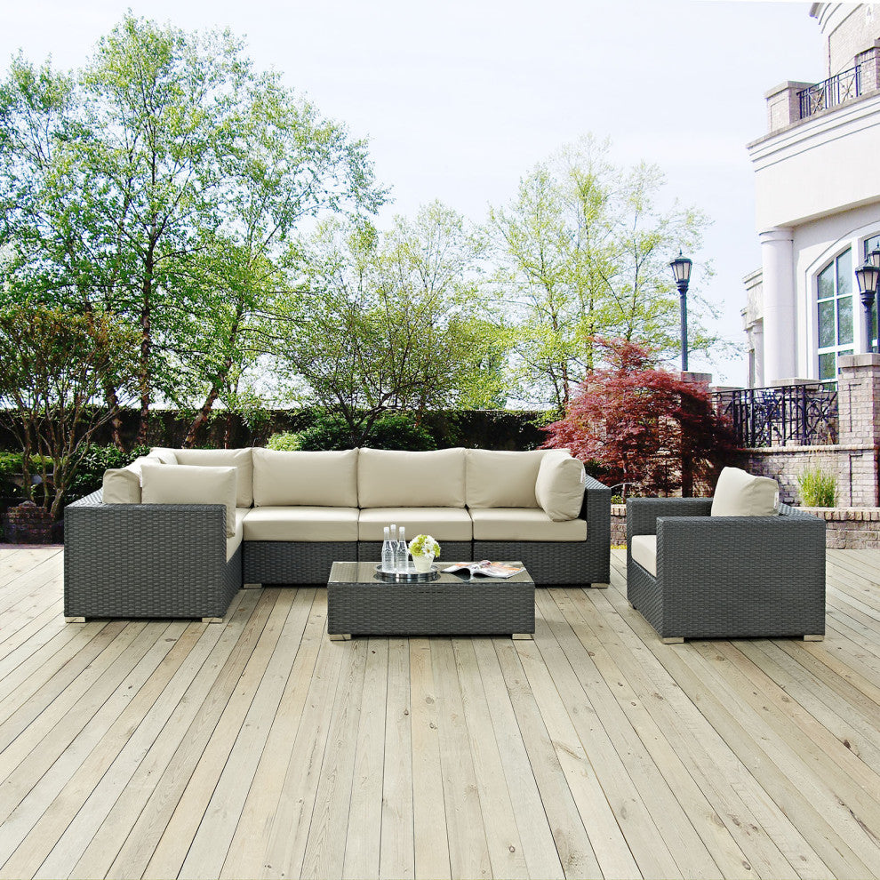 Canvas Antique Beige Sojourn 7 Piece Outdoor Patio Sunbrella Sectional Set