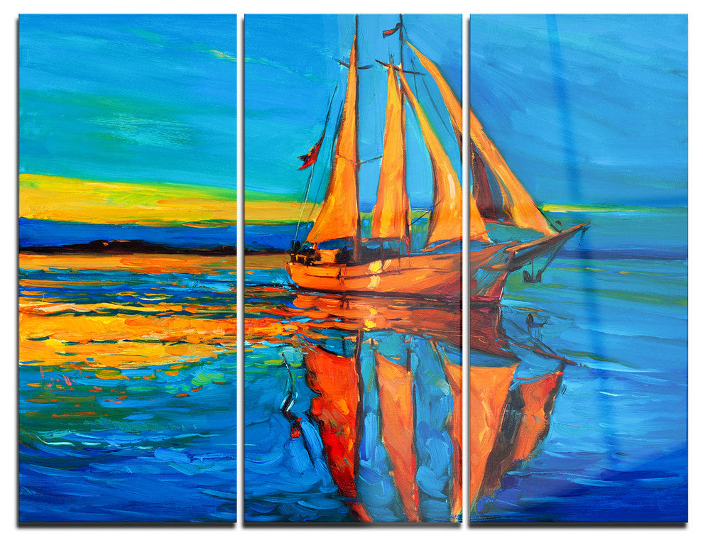 "Brown Sailing Boat" Painting Metal Wall Art, 3 Panels, 36"x28"
