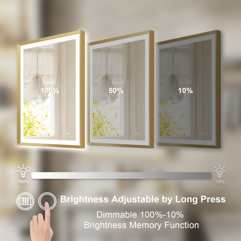 Beveled Bathroom LED Mirror Framed, Backlit and Front Light, Gold, 24"x32"