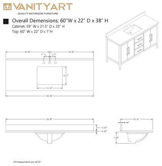 Vanity Art Bathroom Vanity With Sink, White, 60", Single Sink, Matte Black