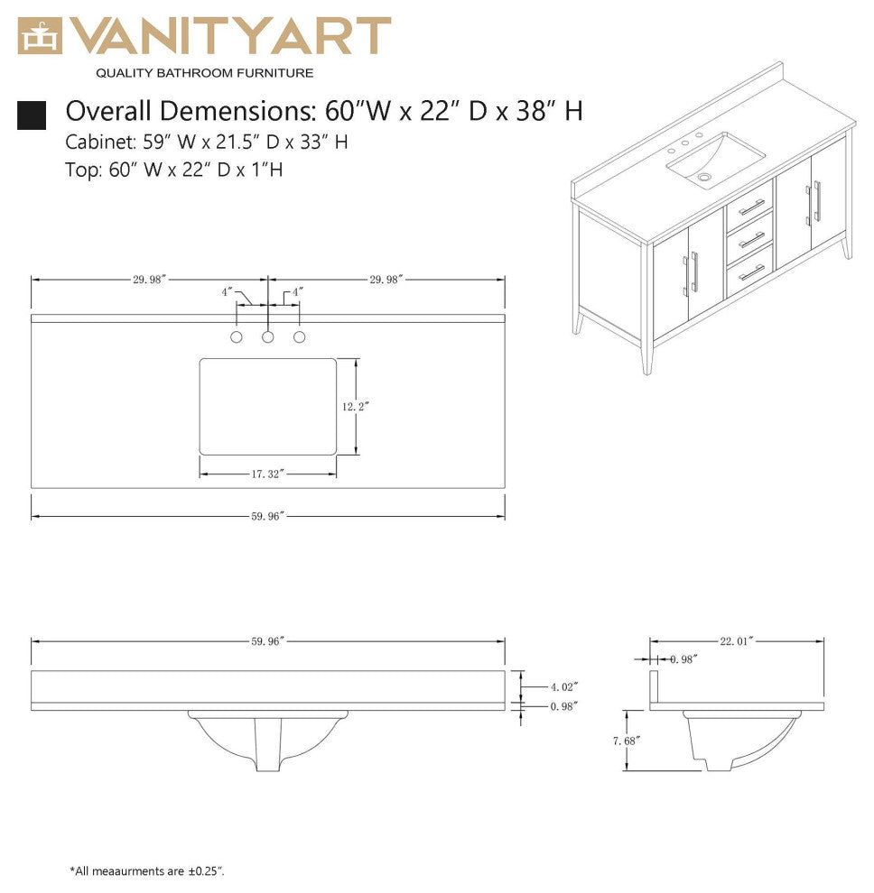Vanity Art Bathroom Vanity With Sink, White, 60", Single Sink, Matte Black