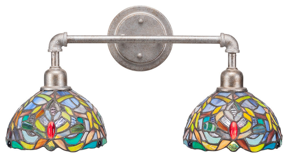 Vintage 2 Light Bath Bar, 7", Kaleidoscope Tiffany Glass