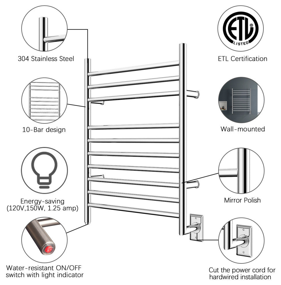 Heatgene Wall Mounted 10 Bar Hardwired Towel Warmer, Mirror Polish