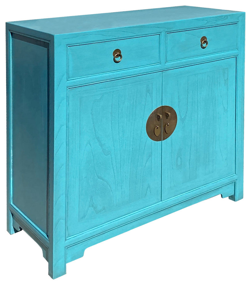 Chinese Simple Narrow Pastel Blue 2 Drawers Side Table Cabinet Hcs7428