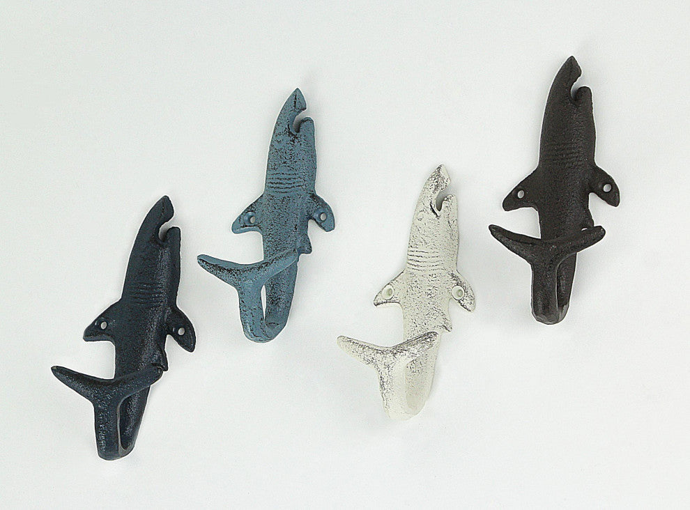 4 Piece Rustic Nautical Colored Finish Cast Iron Shark Wall Hook Set