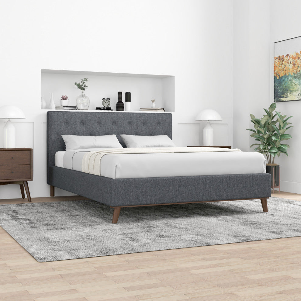 Ashton Mid-Century Modern Solid Wood Tufted Dark Grey Fabric Platform Bed, Queen