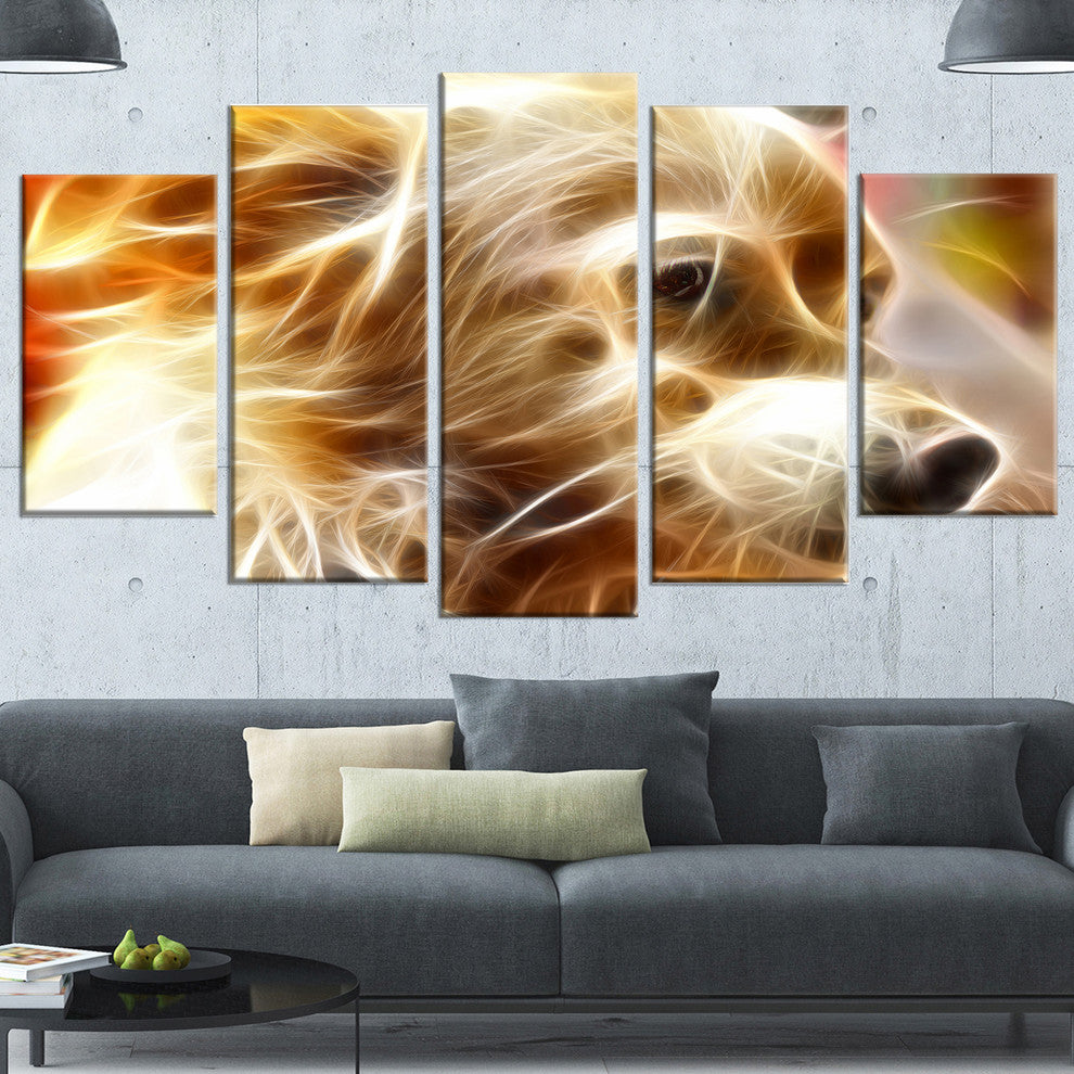 Glowing Brown Dog Head, Animal Canvas Wall Art, 60"x32", 5 Panels