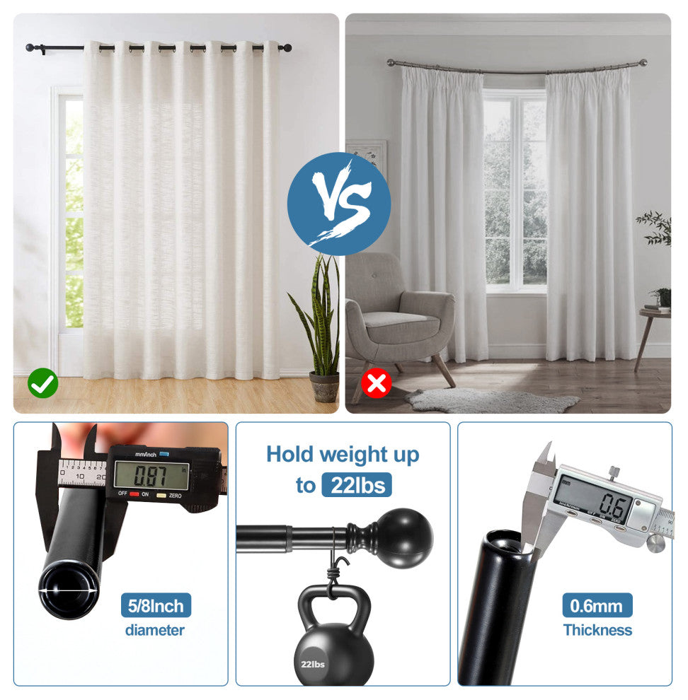 Ball Adjustable Double Curtain Rod Set, 5/8", Black, 28"-48"