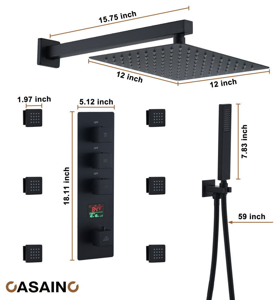 3 Function Digital Display Single Handle Shower System set with Body Spray, Matte Black