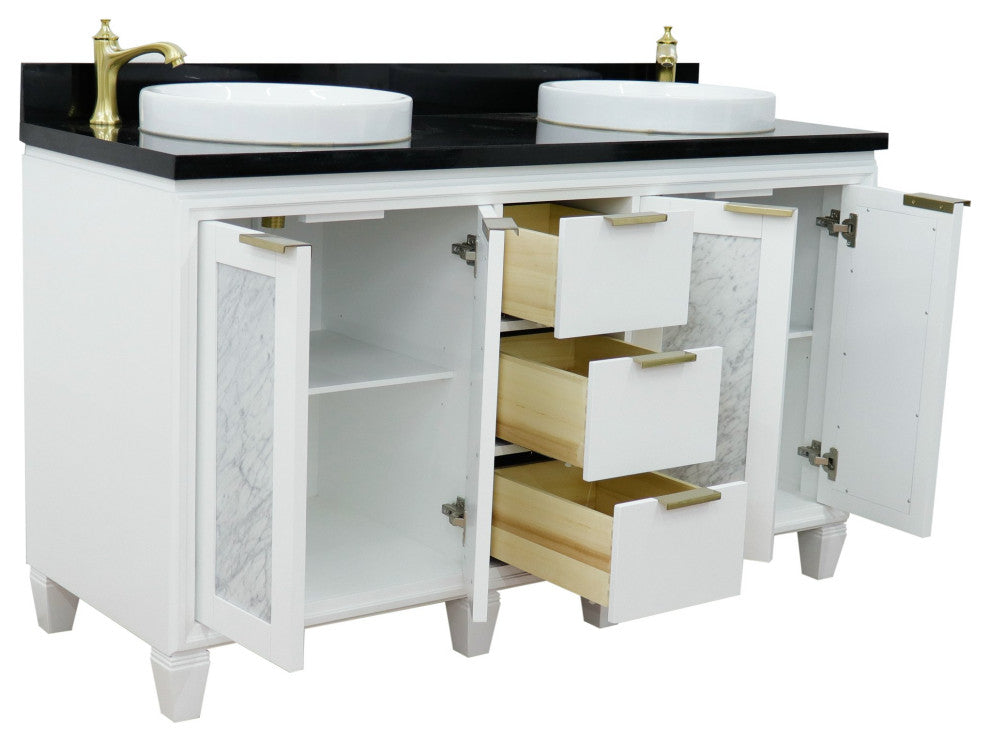 61" Double Sink Vanity, White Finish With Black Galaxy Granite And Round Sink