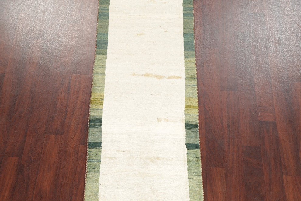Gabbeh Border Traditional Area Rug Hand-Knotted Persian, Beige, 10'8"x2'7