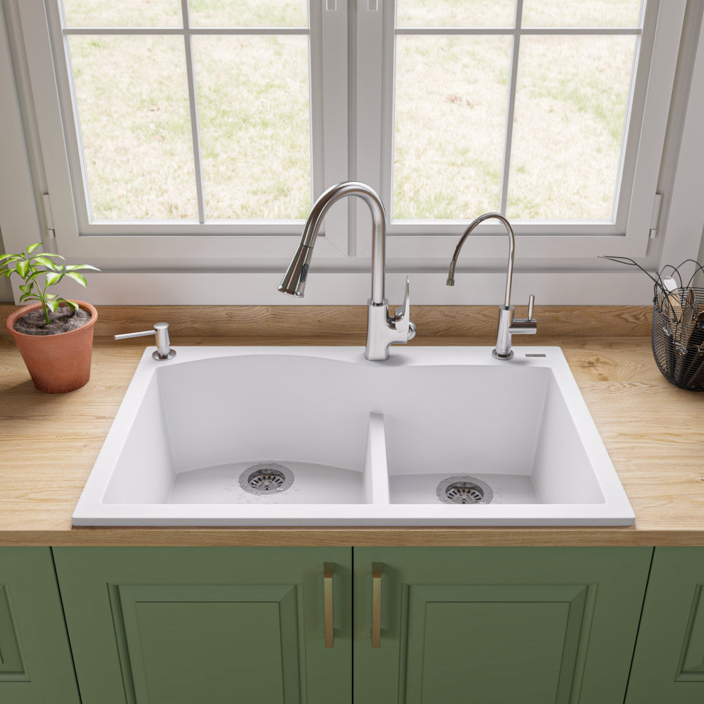 ALFI brand AB3320DI-W White 33" Double Bowl Granite Composite Kitchen Sink