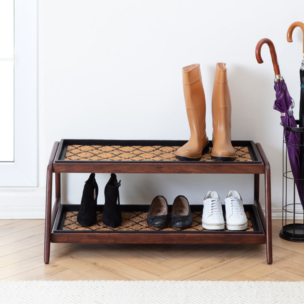 Double-Tier Brown Stand With 3-Pair Rubber Boot Trays Shangri-La