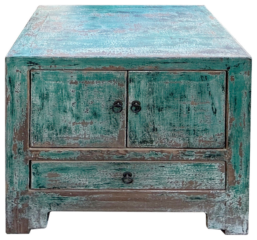 Oriental Distressed Teal Blue Green End Table Nightstand Chest