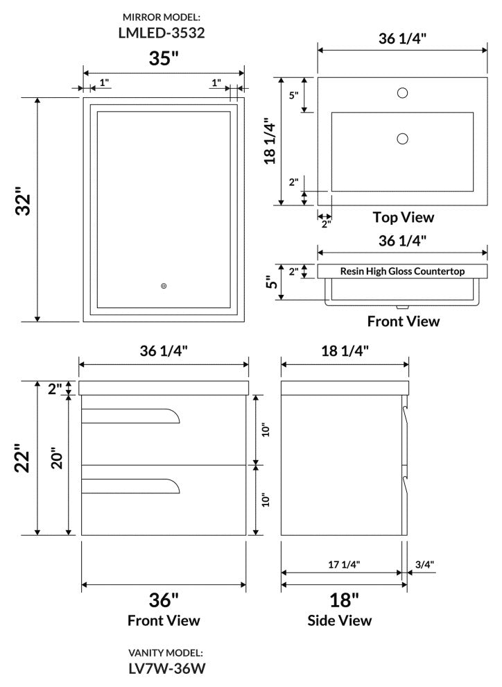 36" Wall-Mount Modern Vanity High Gloss, White