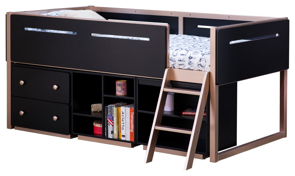 Prescott Bookshelf, 2 Compartments, Black and Rose-Gold