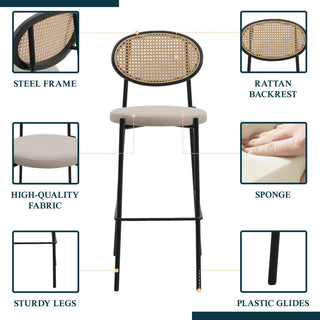 LeisureMod Euston Wicker Bar Stool With Black Steel Frame and Footrest, Beige