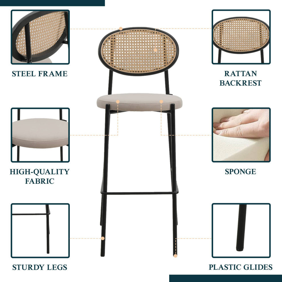LeisureMod Euston Wicker Bar Stool With Black Steel Frame and Footrest, Beige