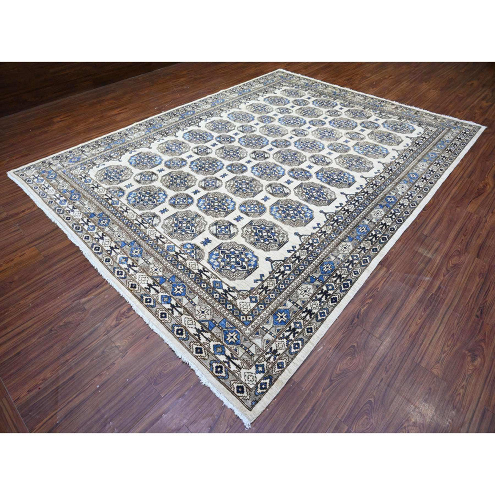 Porcelain Ivory Afghan Ersari Design Hand Knotted Natural Wool Rug 9'1"x11'11"