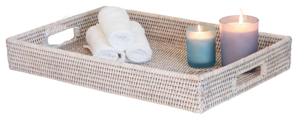 Artifacts Rattan Rectangular Tray With Cutout Handles, White Wash, Medium