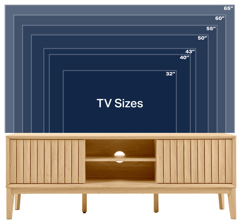 3-Storage Sliding Door TV Stand Fits TVs up to 65 in. with Cable Management, Oak