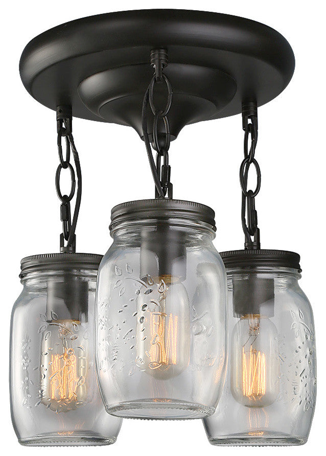 3-Light Glass Mason Jar Hanging Ceiling Pendant Fixture