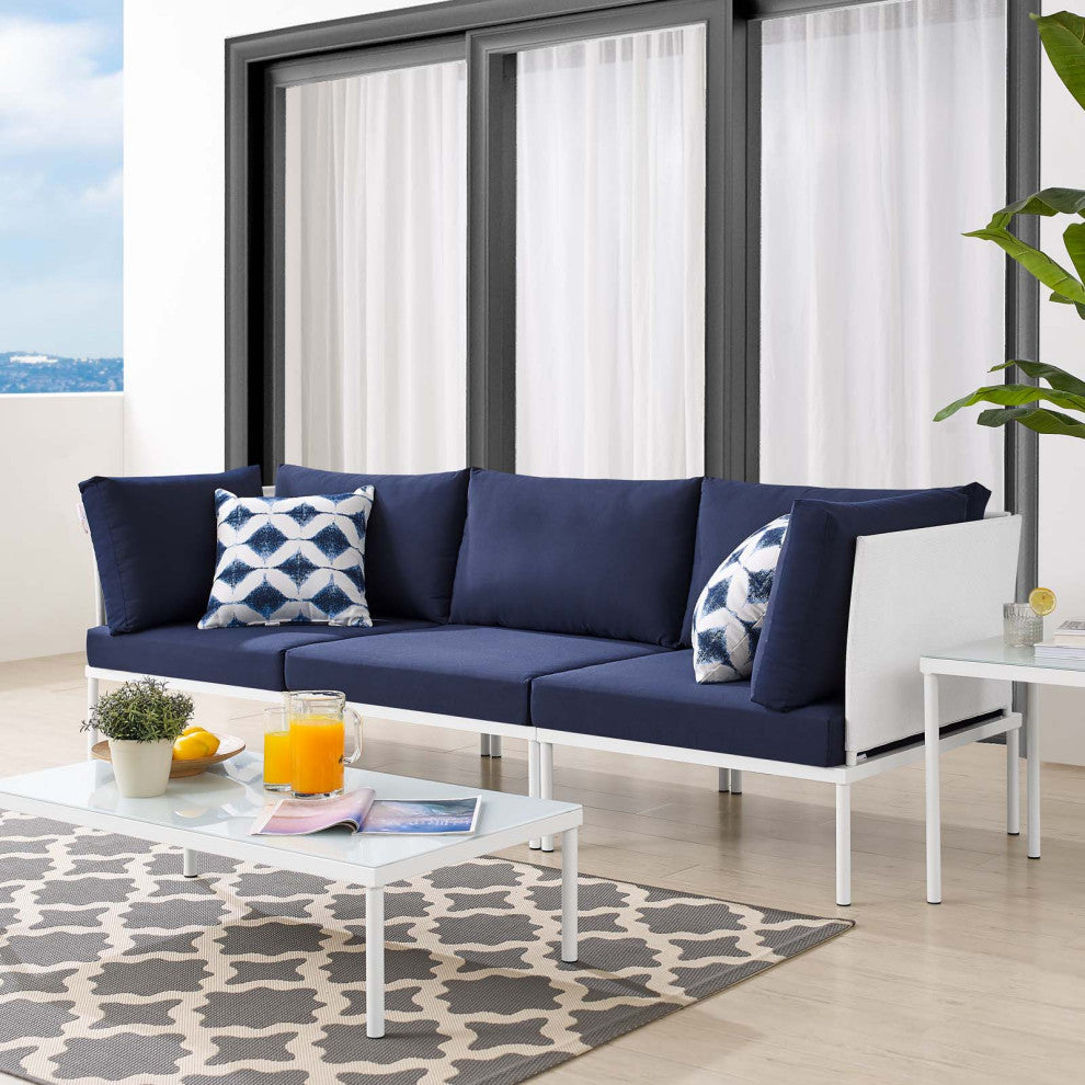 Lounge Sofa, Sunbrella, Aluminum, Metal, White Blue Navy, Modern, Outdoor Patio