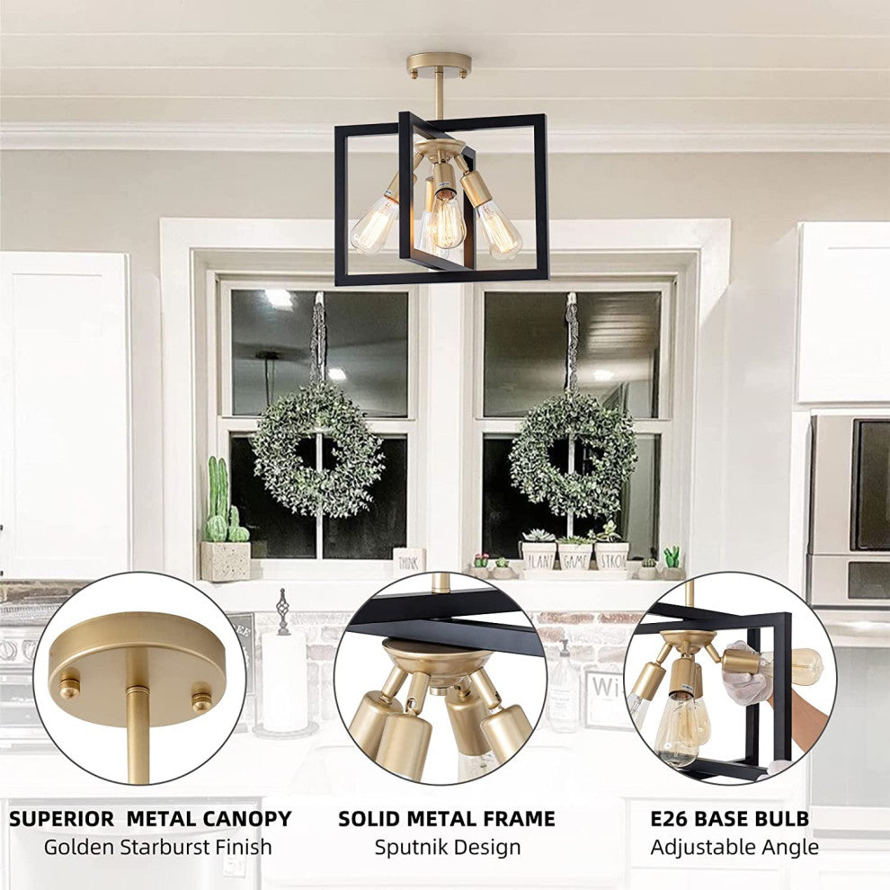4 Light Industrial Ceiling Light Fixture Black and Gold Rectangle Flush Mount