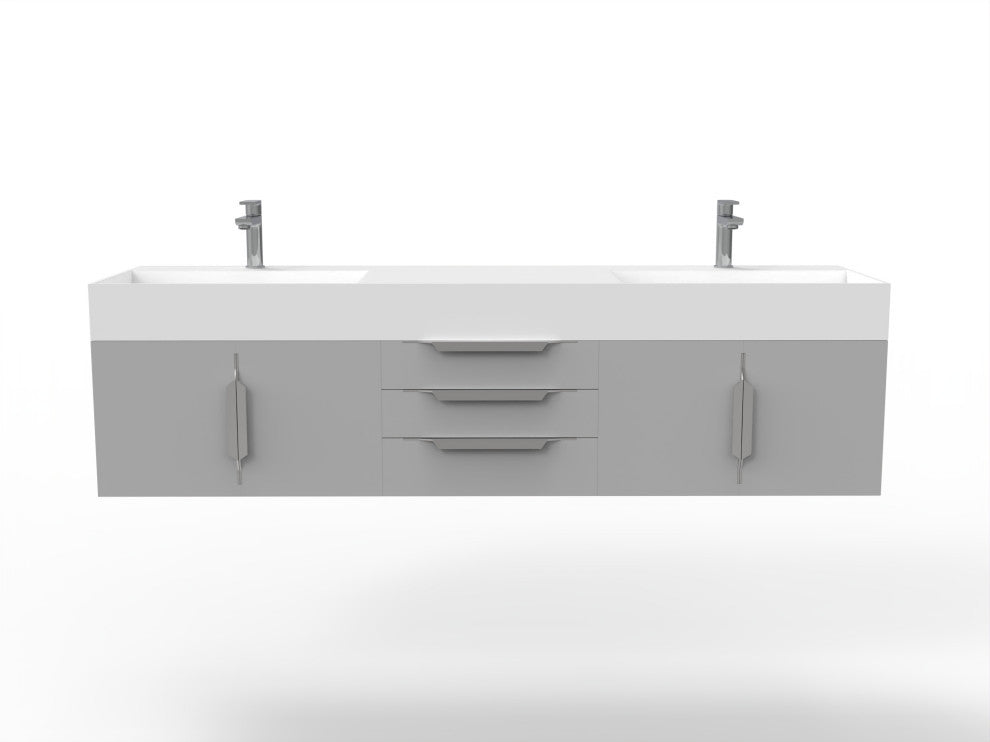 CastelloUSA Amazon 72" Wall Mounted Vanity Set, Gray, White Top, Brushed Nickel
