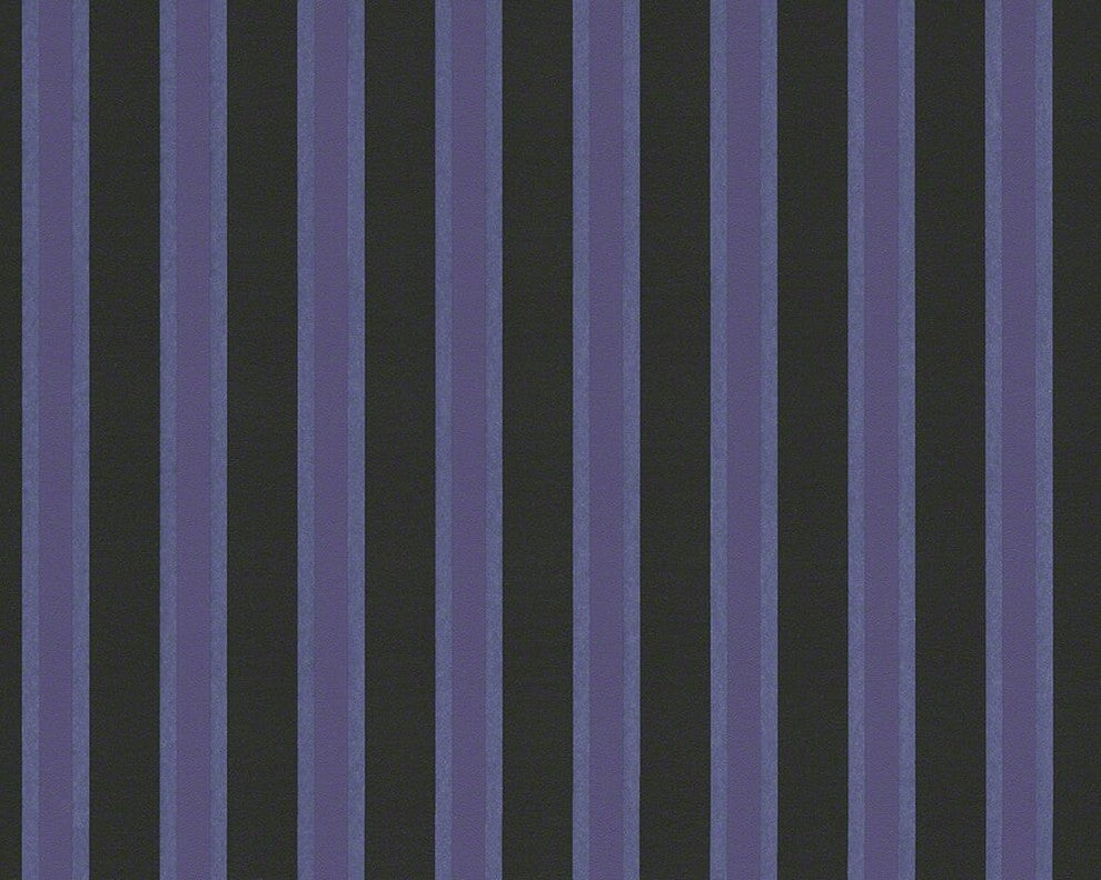 Metropolis, Urban Graphic Stripes Floral Textured Black /Violet Wallpaper Roll