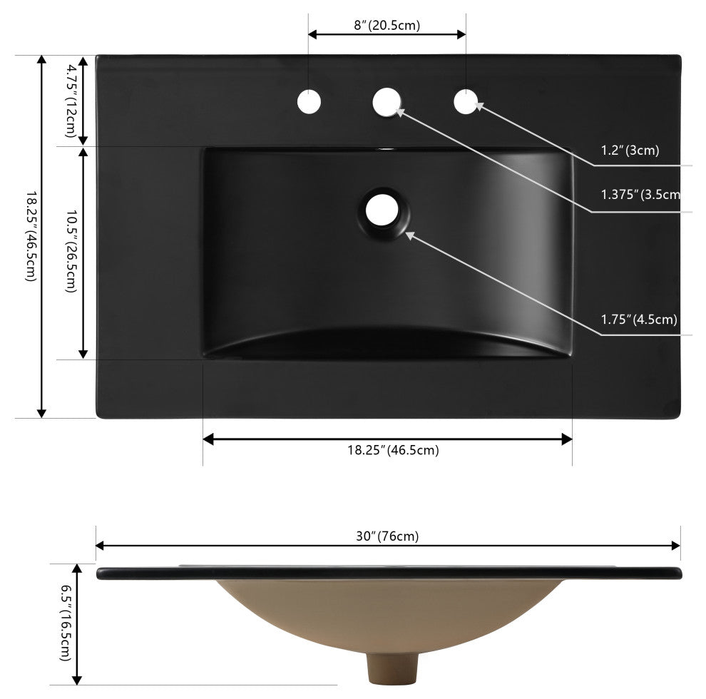 Ancillary 3-Hole Contemporary Rectangular Ceramic Single Sink Basin Vanity Top