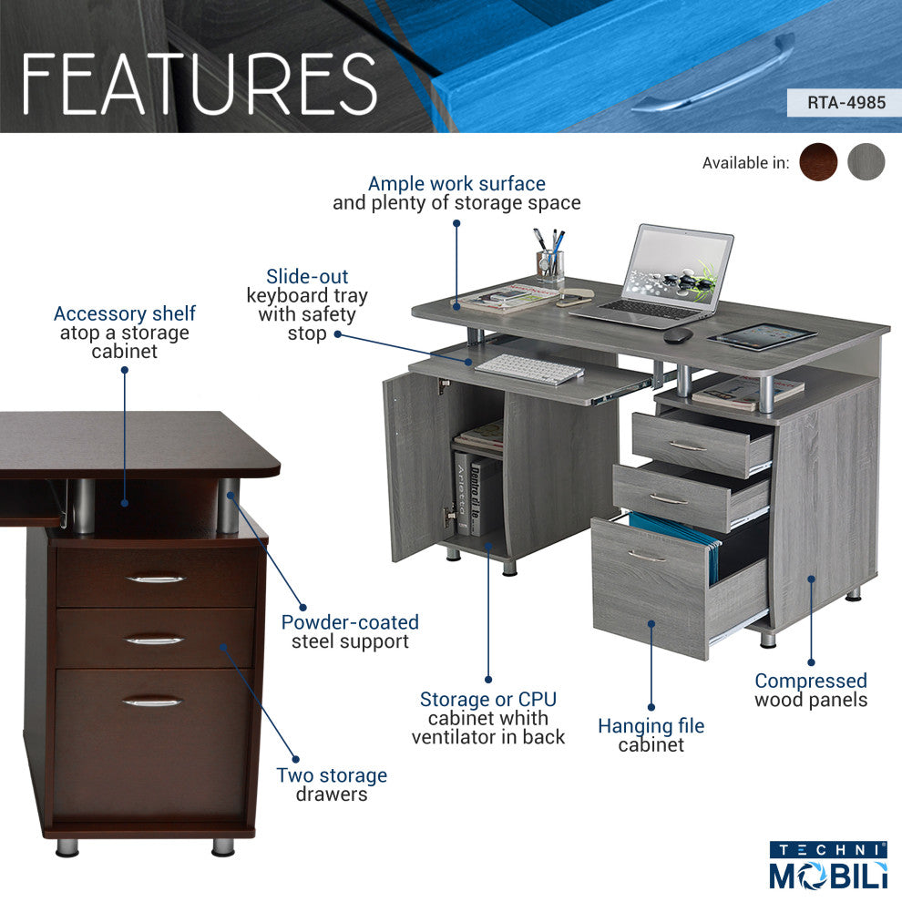 Techni Mobili Complete Workstation Computer Desk With Storage, Chocolate