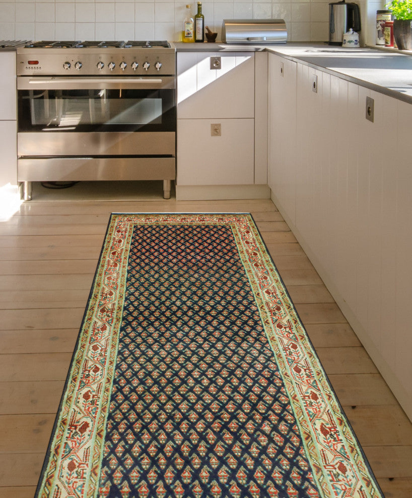 Fine Vintage Distressed Aldys Navy/Beige Runner, 3'5 x 10'2