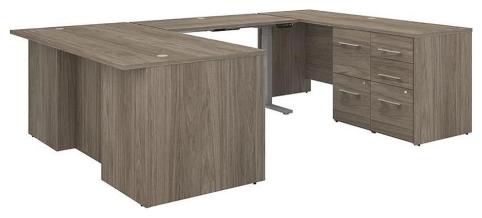 Office 500 Height Adjustable U Shaped Desk in Modern Hickory - Engineered Wood