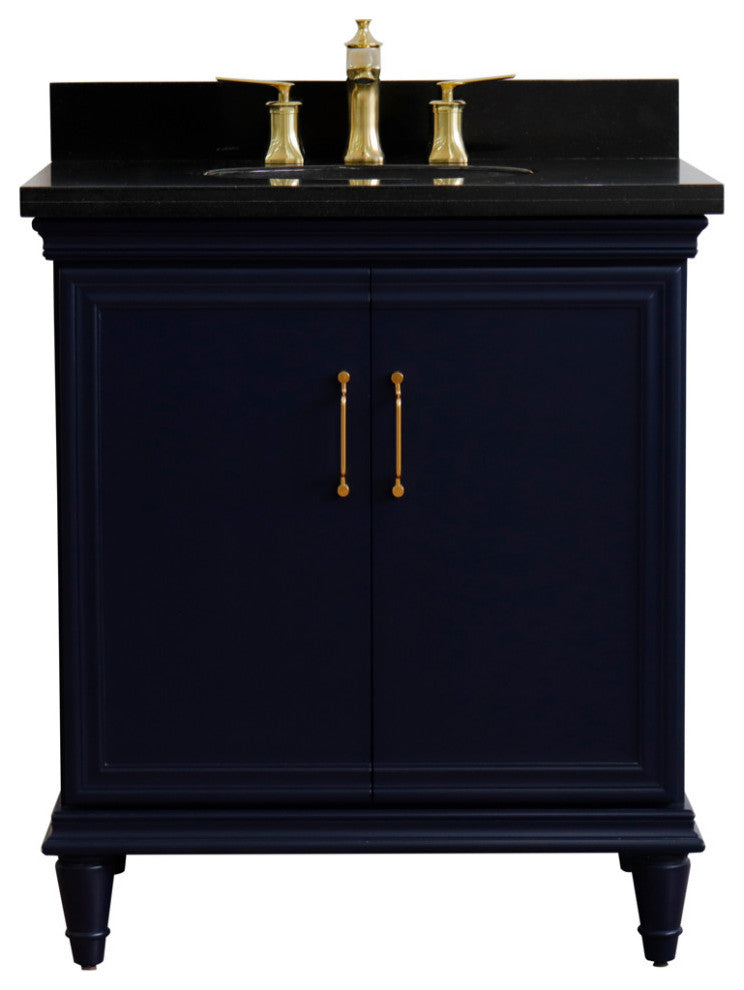31" Single Vanity, Blue Finish With Black Galaxy And Oval Sink