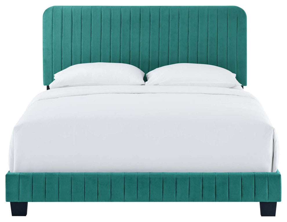 Tufted Platform Bed Frame, Full Size, Velvet, Teal Blue, Modern Contemporary