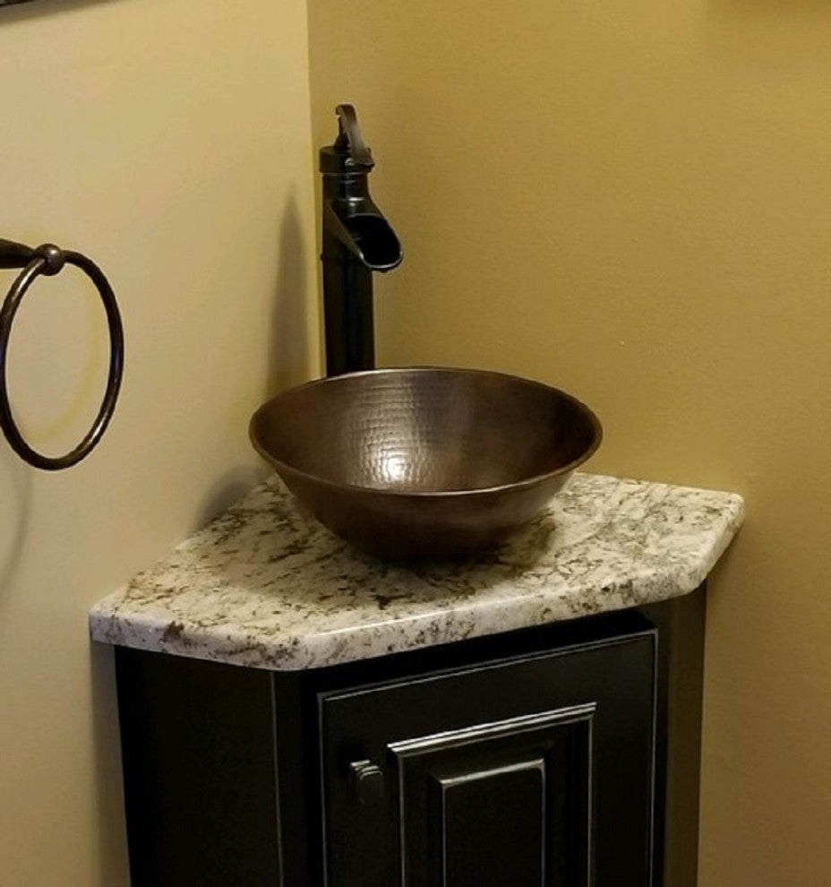 12" Rustic Round Copper Vessel Bathroom Sink, Perfect for Small Spaces, 19-Hole