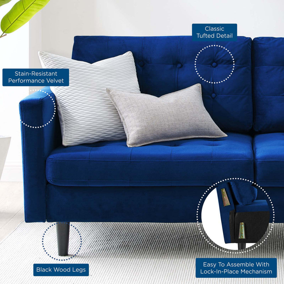 Tufted Sofa, Velvet, Blue Navy, Modern, Living Lounge Hotel Lobby Hospitality