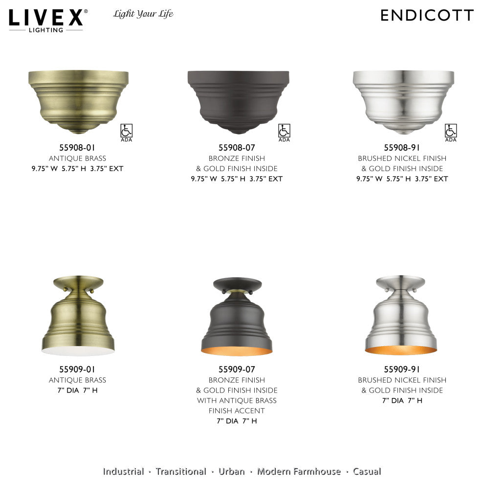 Livex Lighting Endicott 1-Light Bell Petite Bell Semi-Flush, Antique Brass/White
