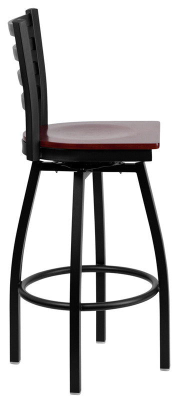 HERCULES Series Black Ladder Back Swivel Metal Barstool, Mahogany Wood Seat