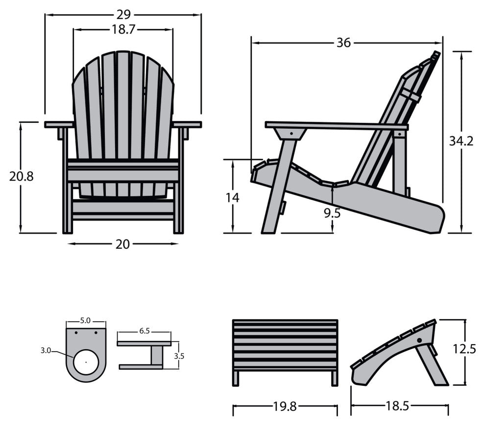 Hamilton Reclining Adirondack Chair Ottoman and Cup Holder, Black