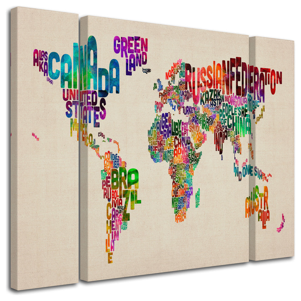 Michael Tompsett ''Typography World Map II'' Multi Panel Art Set, 32"x24"