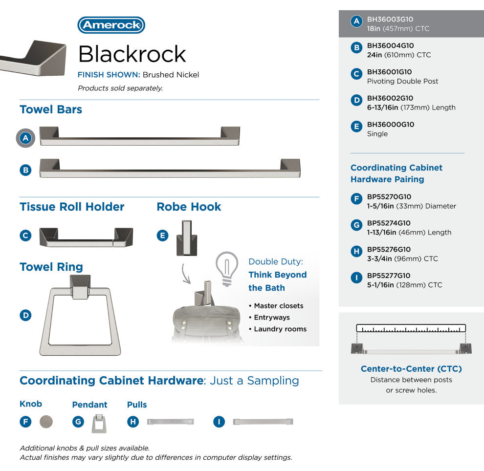 Amerock Blackrock Contemporary Towel Bar, Brushed Nickel, 18" Center-to-Center