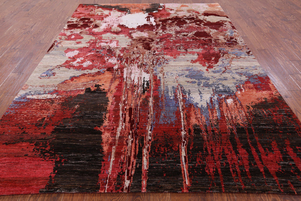 7' 9" X 10' 4" Abstract Hand Knotted Wool and Silk Rug Q8786